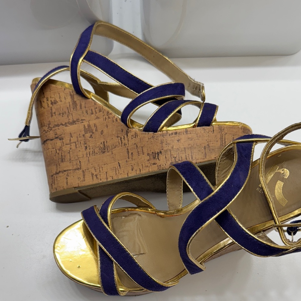 Report Purple and Gold Cork Wedge Sandals